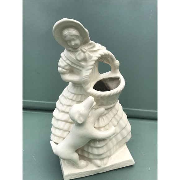 Other - Vth 50s 60s White Porcelain Figurine Planter Vase Dog Victorian Dog Woman chic